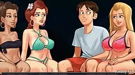 summertime saga - kinky girlfriend shares her boyfriend's big dick with bff on beach