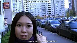 Young Asian babe sucks dick and gives ass in public