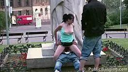young cute teen girl gets public street gangbang threesome by famous statue