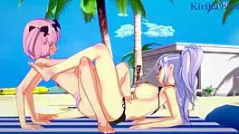 yagy and hibari intense lesbian play and futanari sex - senran kagura hentai