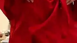 brunette in red lingerie plays with herself