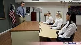 Three Petite Pupils Offer Their Pussies To The Lucky Teacher Who Cant Believe His Luck