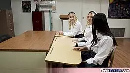 Three Petite Pupils Offer Their Pussies To The Lucky Teacher Who Cant Believe His Luck