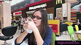 Hot brunette teen gives public blowjob to stranger and swallows cum at resort