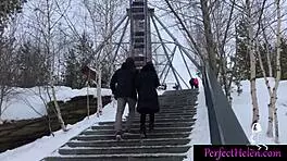 Hot brunette teen gives public blowjob to stranger and swallows cum at resort