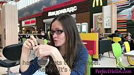 Hot brunette teen gives public blowjob to stranger and swallows cum at resort