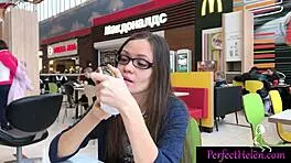 Hot brunette teen gives public blowjob to stranger and swallows cum at resort