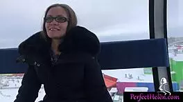 Hot brunette teen gives public blowjob to stranger and swallows cum at resort