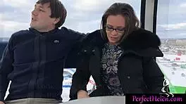 Hot brunette teen gives public blowjob to stranger and swallows cum at resort