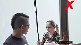 Reporter fucks blonde model with foot fetish and deepthroat!