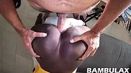 Petite ebony gets bred by big white cock in POV.