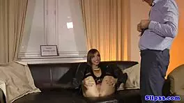 Cute euro teen rides old man's dong in stockings, her small tits bouncing