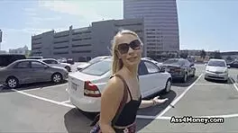 Barista chick spreading wide for cock and cash in public