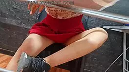 Upskirt peek at Mexican saleswoman Nataly's charm