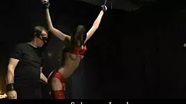 Tina in red lingerie gets dominated in BDSM fantasy