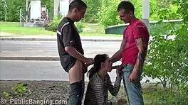 Wow! Skinny petite teen fucked hard by two big cocks in public!
