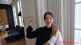 Slender 18-year-old beauty with perfect body takes interracial creampie POV