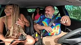 After hitchhiking stop, slut joins and gets creampie chance!