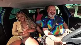 After hitchhiking stop, slut joins and gets creampie chance!