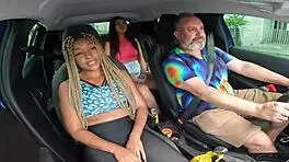 After hitchhiking stop, slut joins and gets creampie chance!