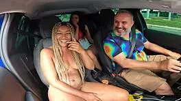 After hitchhiking stop, slut joins and gets creampie chance!