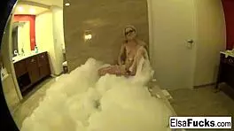 Cute Elsa Masturbates in a Bubble Bath, Touching Small 18+ Tits and Pussy