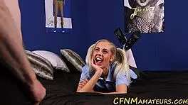 Pigtails Teen Gives Blowjob And Handjob In CFNM With Heels