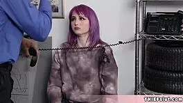 Cute purple haired teen shoplifter gets punished with hard fucking