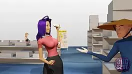 Two busty lesbians exploring double dildo in a public store.