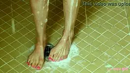 Barbie doll brunette milf enjoyed a steamy shower on sofa