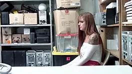 Poor Scarlett gets caught in the mall cop's office with his monster cock