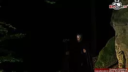 Young blonde gets fucked in the ass outdoors during a roleplay with creampie.