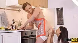 Rim4k handsome guy prepares breakfast with wife's help