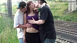 young blonde teen joins public street orgy with banging 😈