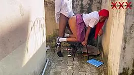 Big cock senior prefect fucks petite classmate at principal's window