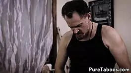 Tattooed Petite Spreads Legs for Stepdad!