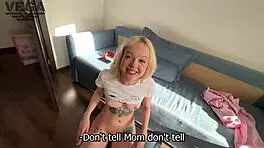 Having rough sex with beautiful petite 18+ stepmom during a real conversation, blowjob and cum in pussy
