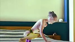 Teen in stockings enjoys solo moments in 3d animation.