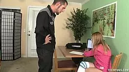 Blonde teen gives handjob to big cock