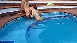 yo, innocent chica gets wild at the pool with stepbro, sucking and banging hard!
