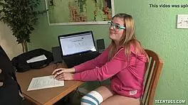 Blonde teen gives handjob to big cock