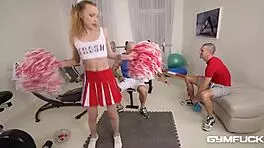 Gym Fuck! Cheerleader Angel Emily's Ass Destroyed by Two Dicks!