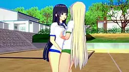 yo, yomi and ikaruga get intense with lesbian play in hentai