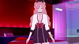 Yozakura Kirara and Kuromi Serika engage in intense hentai sex with creampie action in a 3D anime world