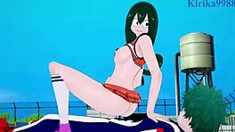 tsuyu asui, kyoka jiro, and izuku midoriya in wild hentai sex - my hero academia