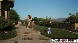 This giantess gives instructions to her petite slave for a footjob