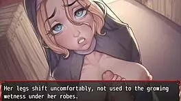 In Harem in Another World hentai game episode 10, the nun experiences her first blowjob and receives a facial cumshot.