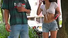 Muscular Latino with big cock bangs hot petite 18+ brunette. They met outdoors before bedroom action.