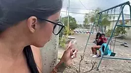 Just chilling in a public park, old man bangs two busty 18+ chicks with big asses.