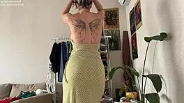 Curvy brunette tries on dresses and skirts in homemade haul